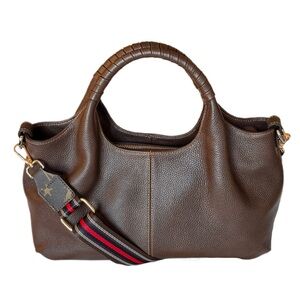 Brown Leather Satchel with Striped Adjustable Strap
